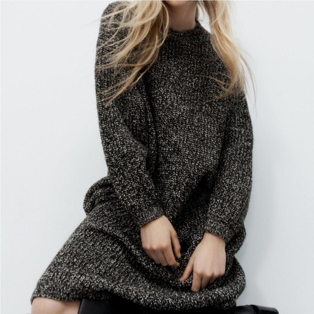 Zara Black Long Sleeves High Neck Chunky Knit Midi Sweater Dress Wool flecked
